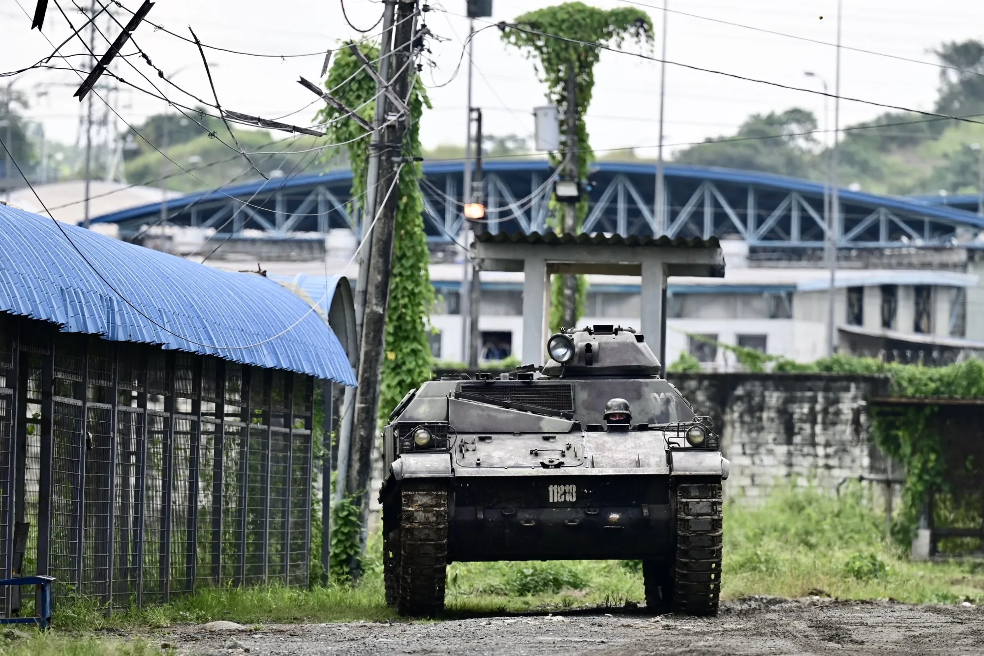 A military tank guards the Penitenciaria del Litoral in Guayaquil, Ecuador, on April 9.