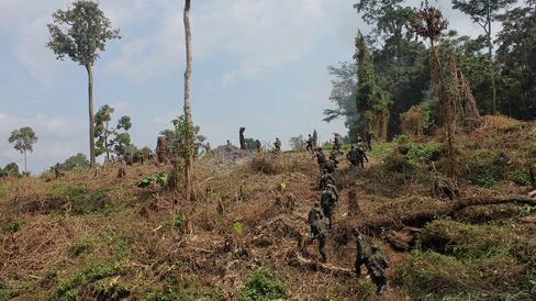 UN and Congolese soldiers climb hill at captured ADF camp on Aug. 26.