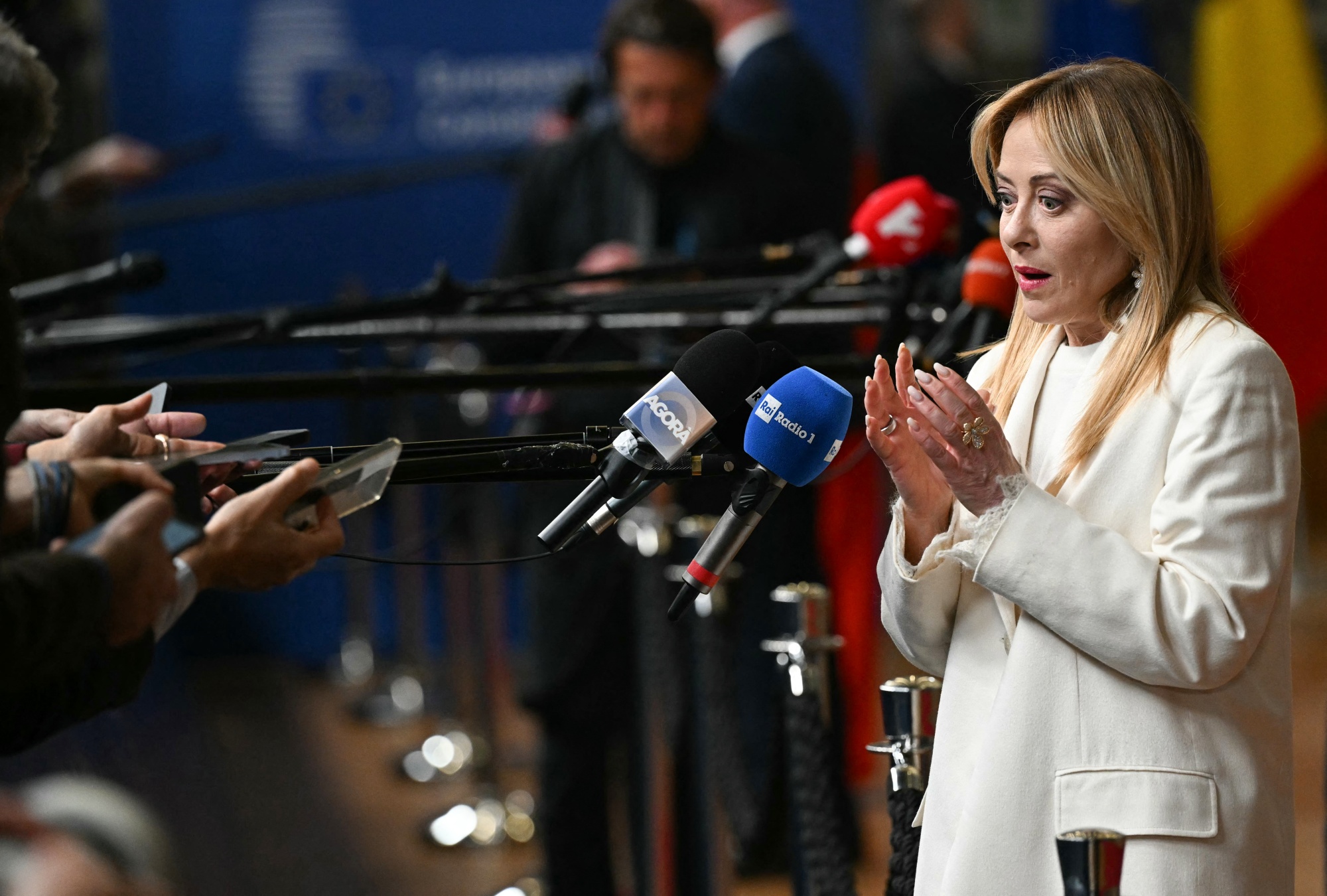 Giorgia Meloni in Brussels on March 19. Photographer: Nicolas Tucat/AFP/Getty Images