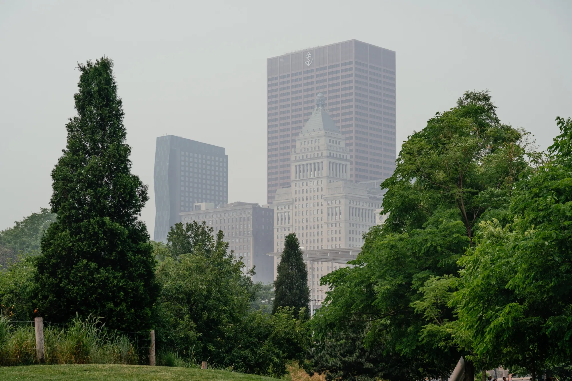 Buildings as smoke from Canada wildfires creates haze in Chicago, Illinois, US, on Tuesday, June 27, 2023. Smoke from wildfires burning in Canada are leading to very hazy conditions and prompting air quality alerts in the Chicago area Tuesday.