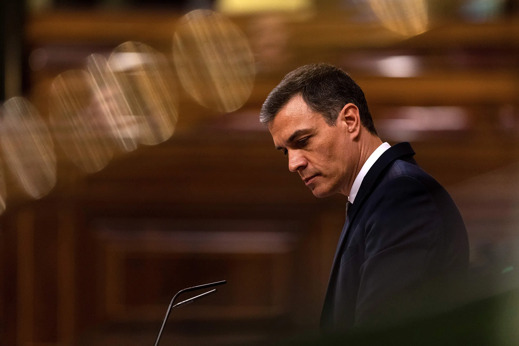 Pedro Sanchez speaks prior to voting on a state of emergency extension, in Madid, on June 3.