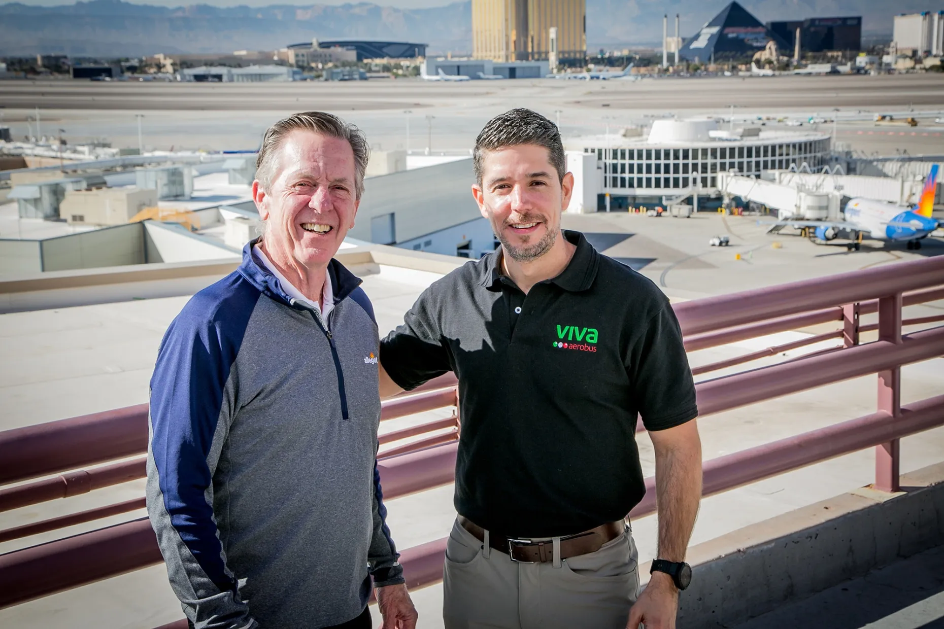 Allegiant CEO Maurice J. Gallagher Jr. and Viva Aerobus CEO Juan Carlos Zuazua at McCarran International Airport in Las Vegas