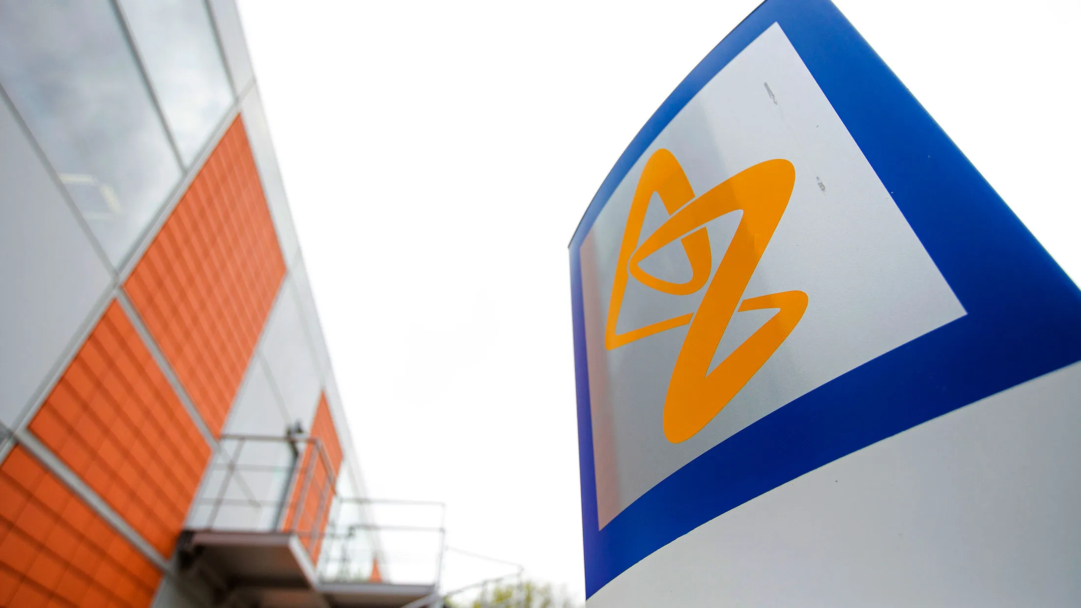 An AstraZeneca logo at their offices near Cambridge, U.K.
