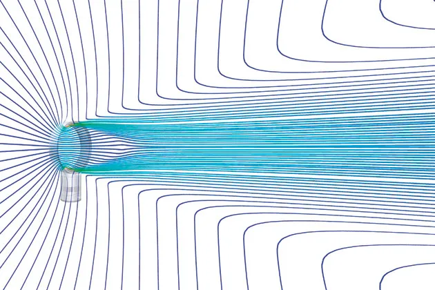Wind Dynamics: Colored lines reveal where and how well a bladeless fan blows air