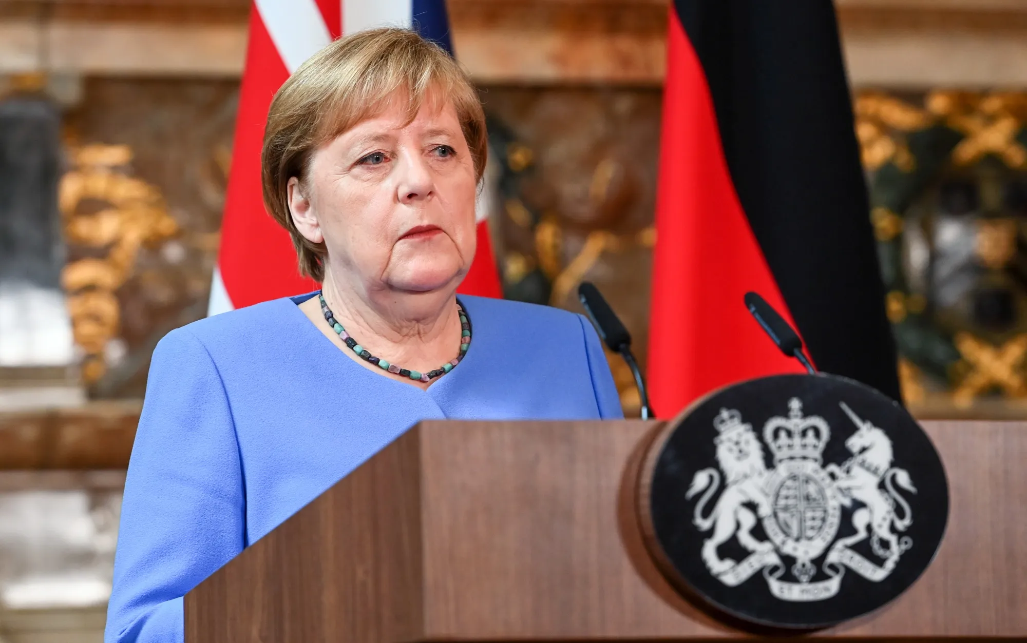 Angela Merkel&nbsp;during a joint news conference with Boris Johnson on July 2.