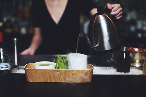 The Rice Paddy cocktail on the current "Climate" menu of the Walker Inn bar. With a base of Singani 63 and an aromatic "fog," it's meant to evoke being in this fresh, grassy, superwet area.