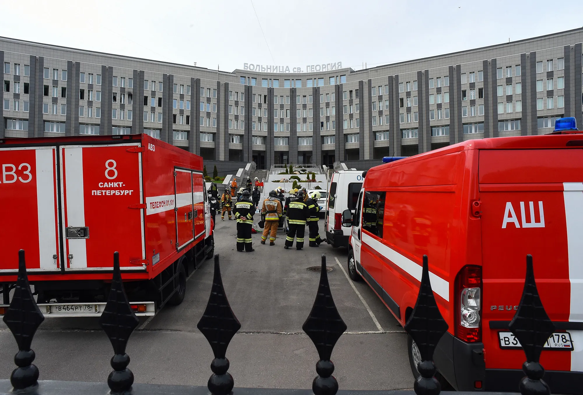 Emergencies personnel work at the site of a fire at the Saint George hospital in Saint Petersburg on May 12.