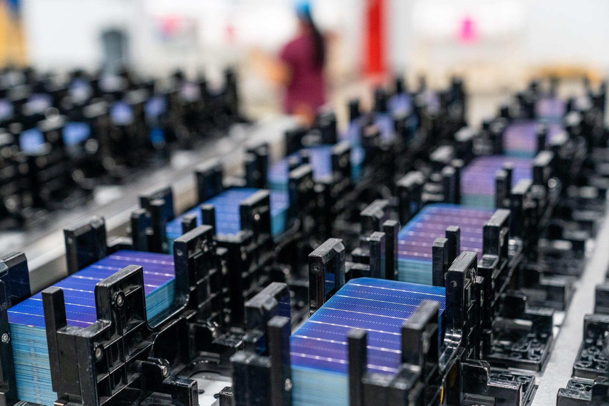 Stacks of solar cells at the QCells Georgia facility.