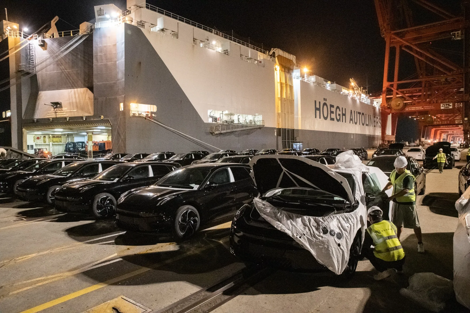 Electric vehicles bound for Europe at the Port of Taicang in China.