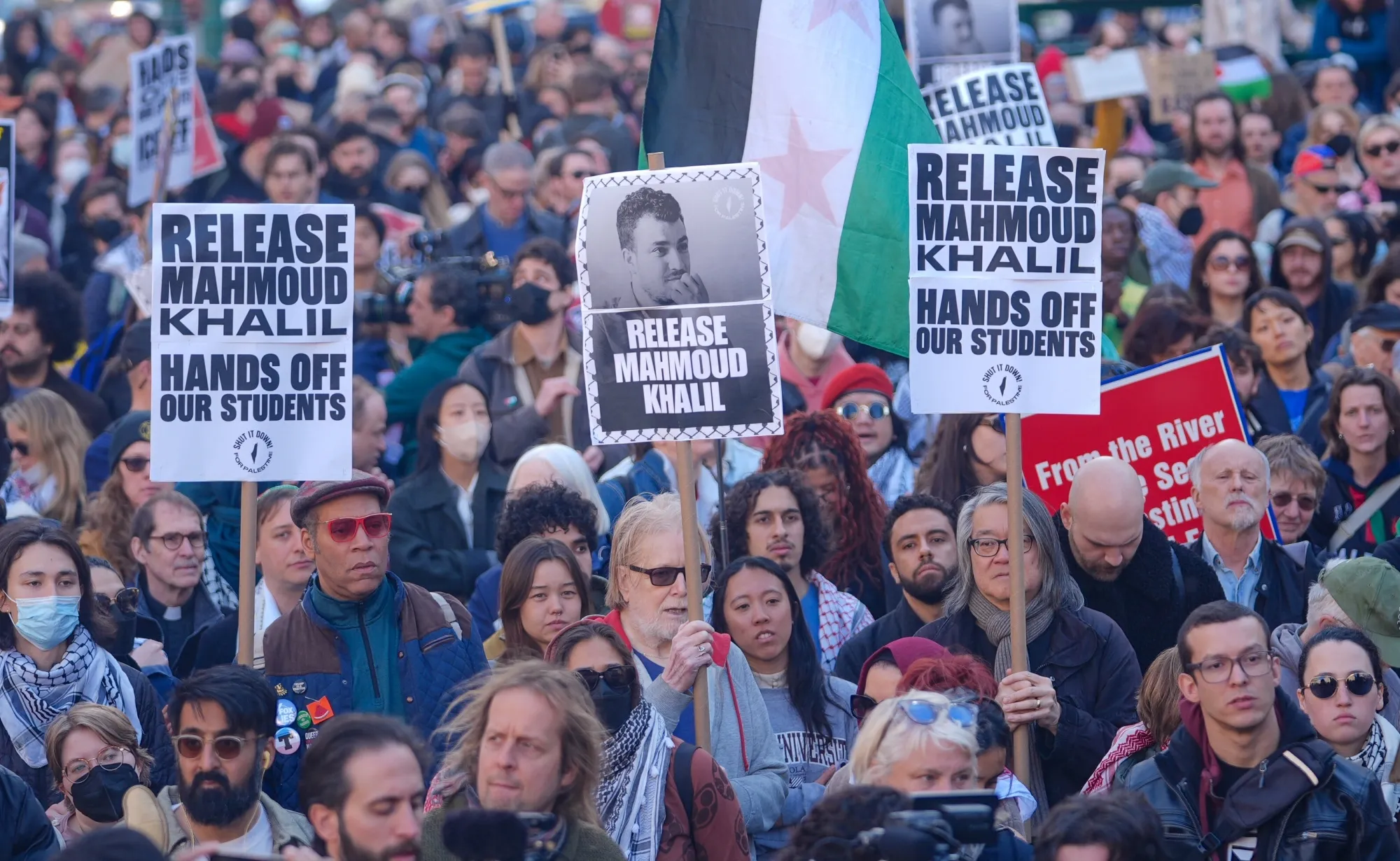 Protestors gather&nbsp;in protest of the detention of Palestinian student activist and Columbia University student Mahmoud Khalil&nbsp;by US Immigration and Customs Enforcement&nbsp;in New York, on March 10, 2025.&nbsp;