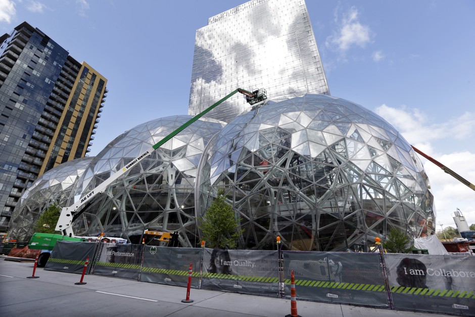 An expansion of the Amazon.com campus in downtown Seattle, under construction in April 2017.