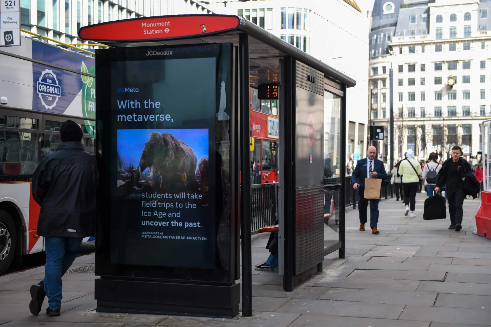 A digital advertisement for Meta Platforms Inc. at a bus shelter in London, UK.