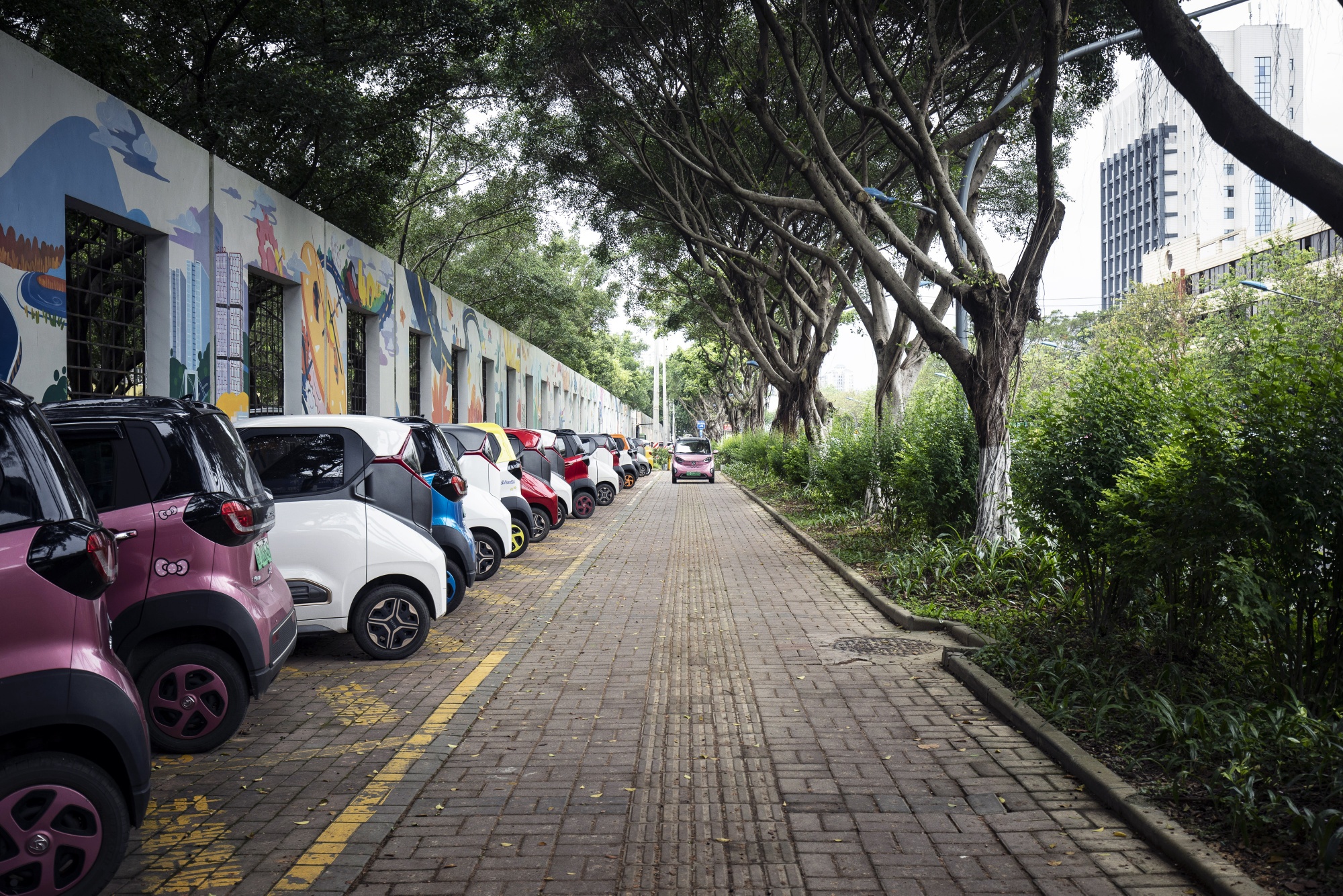 Small EVs, overwhelmingly produced locally by SAIC-GM-Wuling Automobile, sit in a curb-side parking lot in Liuzhou, China, on&nbsp;May 17.