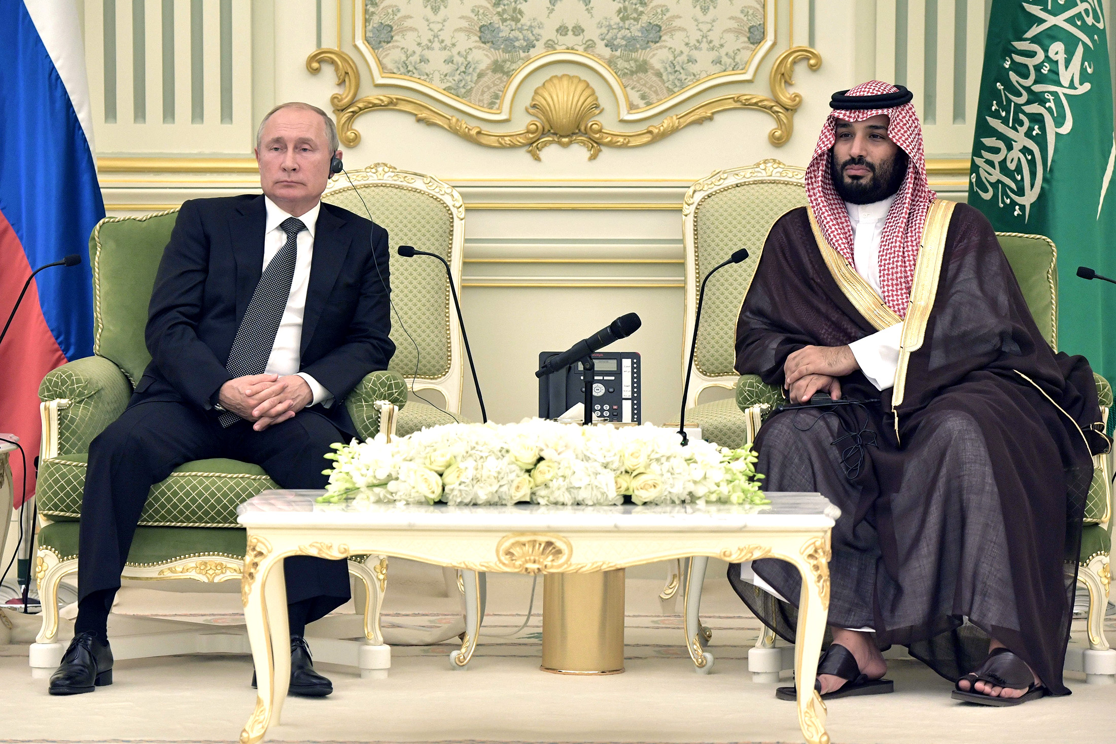 Vladimir Putin meets with Crown Prince Mohammed bin Salman in Riyadh, Saudi Arabia, on Oct. 14, 2019.