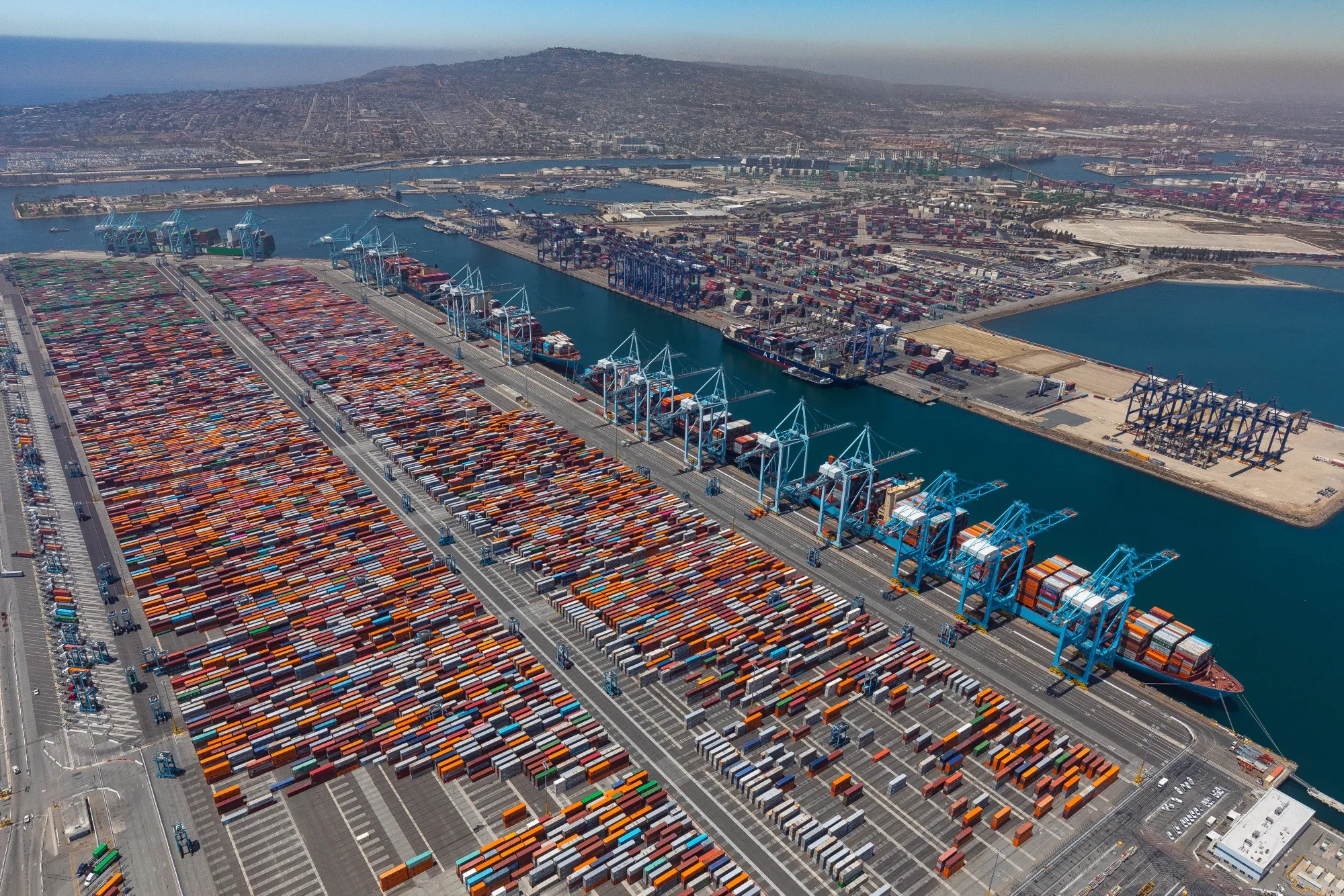 Container ships at the Port of Los Angeles in July 2025.