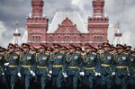 Russian servicemen march on Red Square during the Victory Day military parade in central Moscow on Monday.