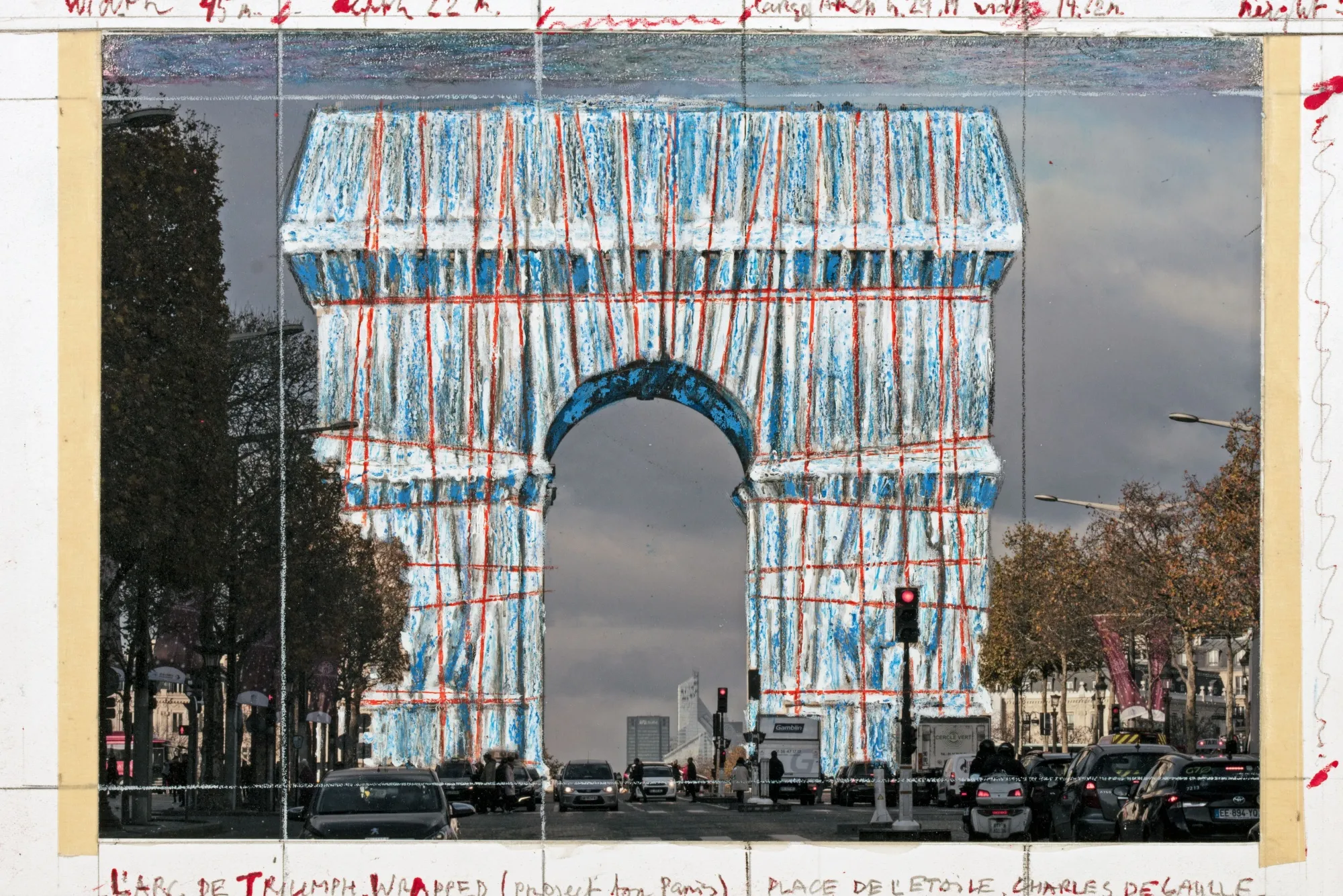A 2019 collage by Christo, “L'Arc de Triumph, Wrapped (Project for Paris) Place de l'Etoile, Charles de Gaulle.”