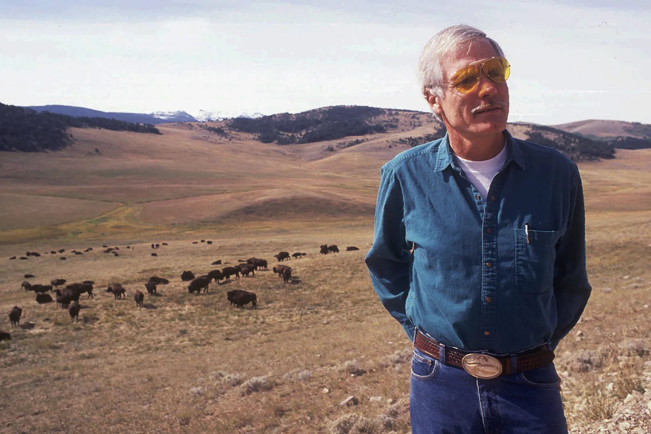 Ted Turner and a herd of bison at his Flying D Ranch near Bozeman, Montana, in 1991.