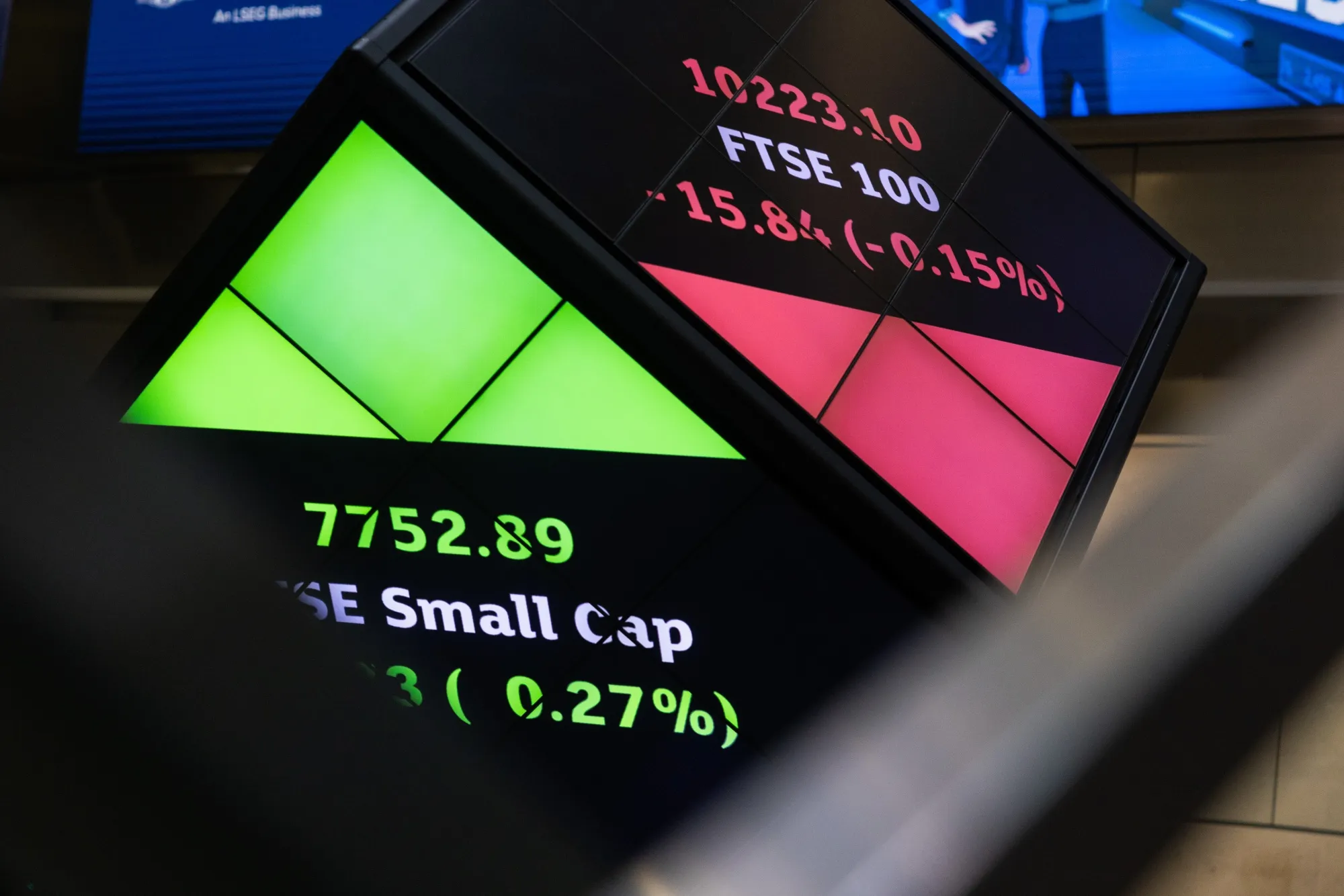 Stock price information displayed on a board at the London Stock Exchange Group Plc office atrium in the City of London.
