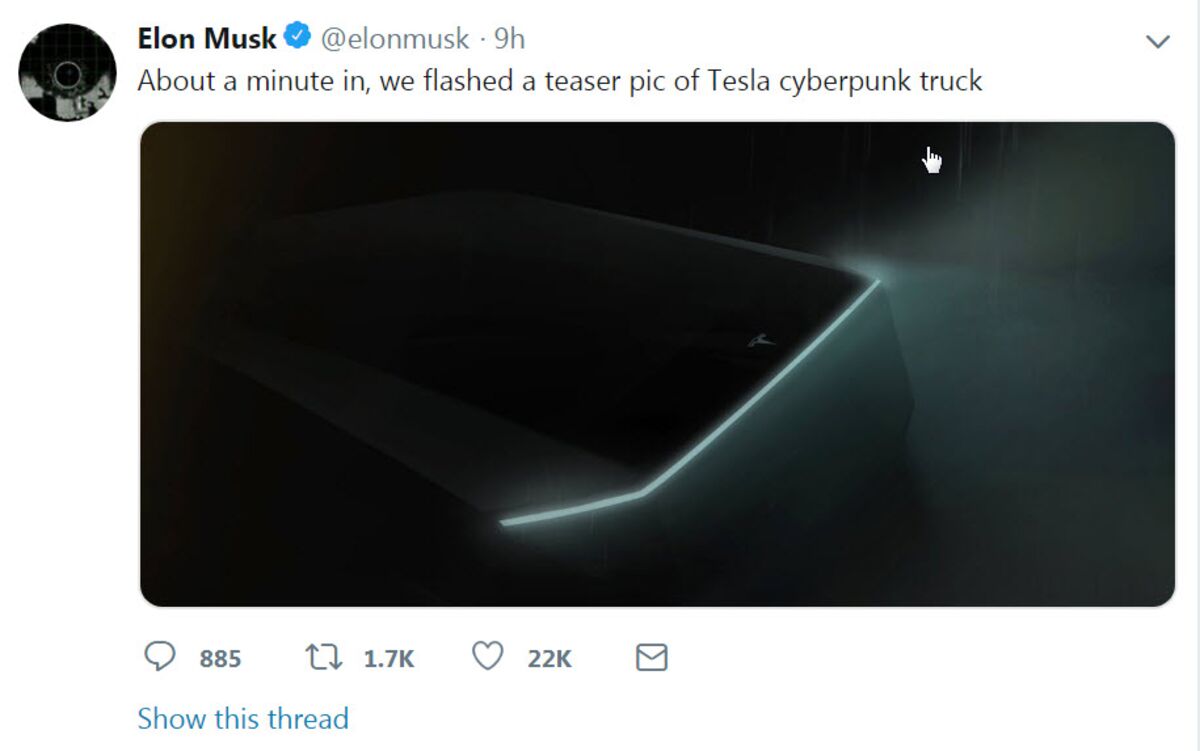 Elon Musk Flashes Teaser Picture Of Tesla Cyberpunk Truck