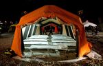 A tent with camp beds is pictured at the central arrival centre for refugees in Munich, Germany. As the centre lacks capacities for arriving refugees, tents are being set up as a makeshift home.