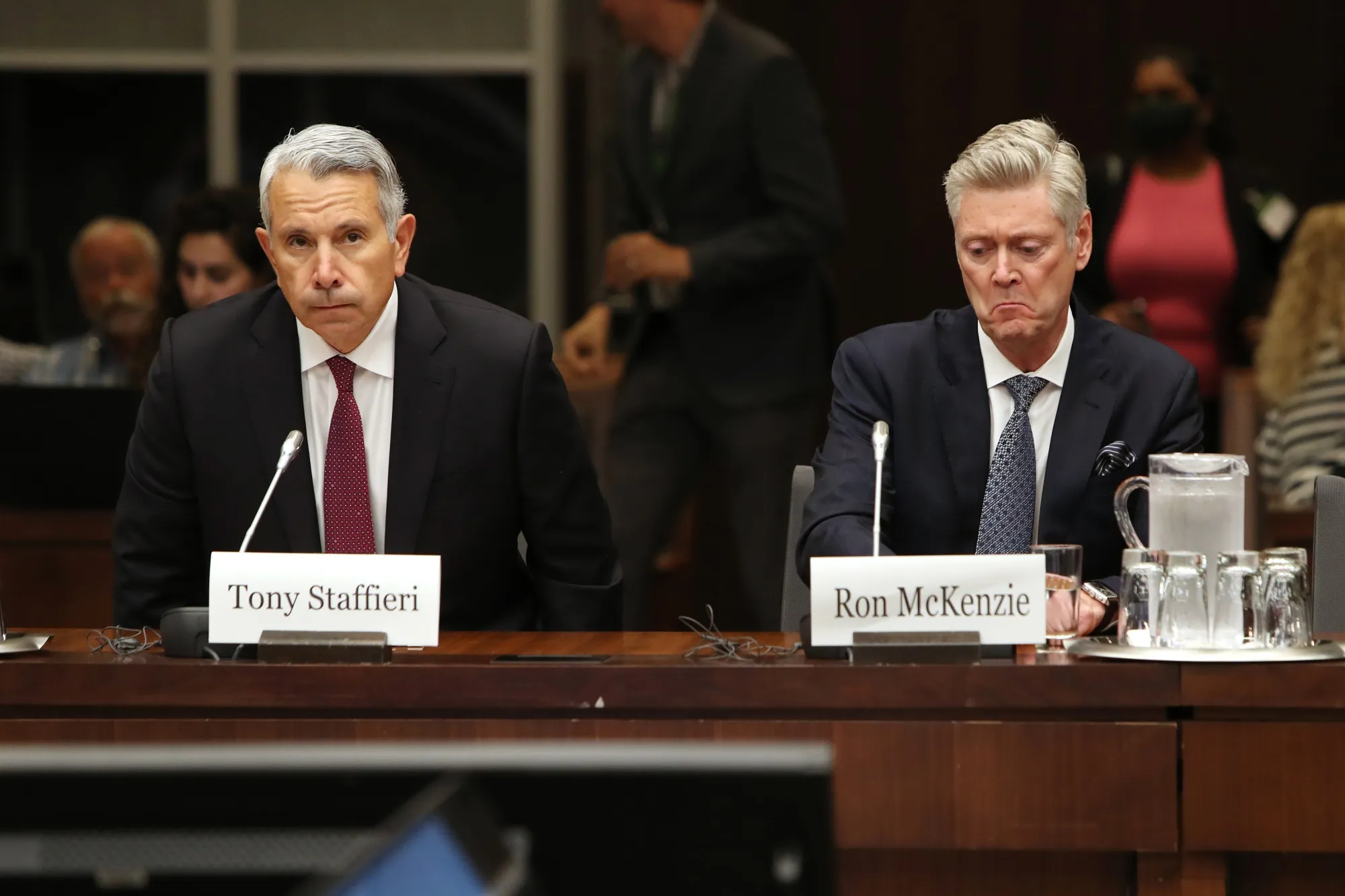 Rogers CEO Tony Staffieri, left, appears with Chief Technology Officer Ron McKenzie at a hearing in Ottawa in July.