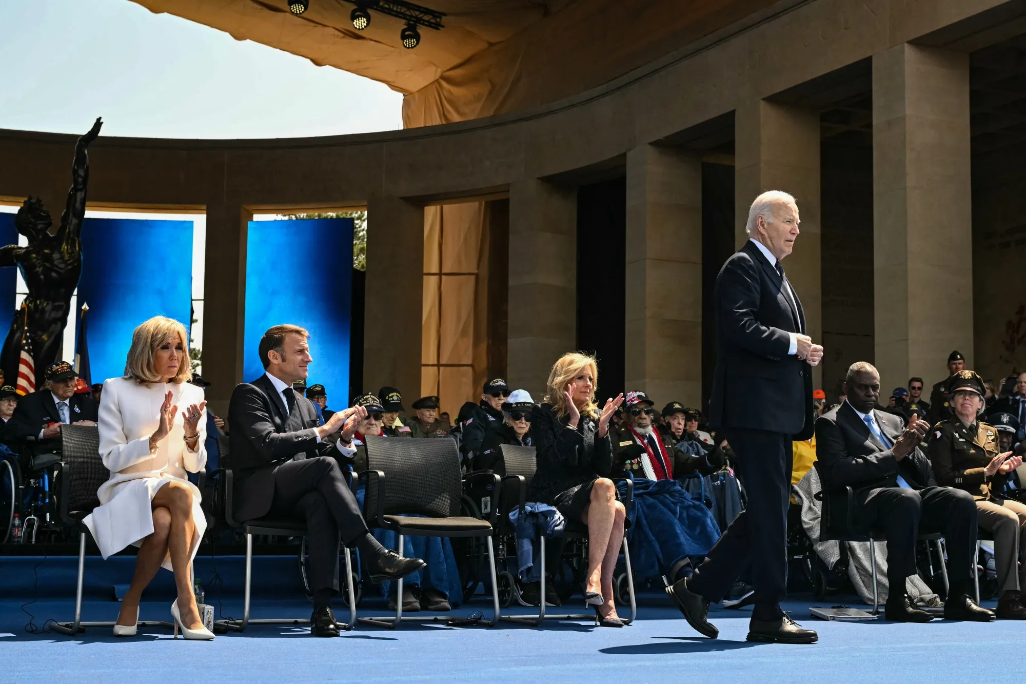 President Joe Biden prepares to deliver a speech during a ceremony to mark the 80th anniversary of the D-Day landings in Colleville-sur-Mer, France, on June 6.