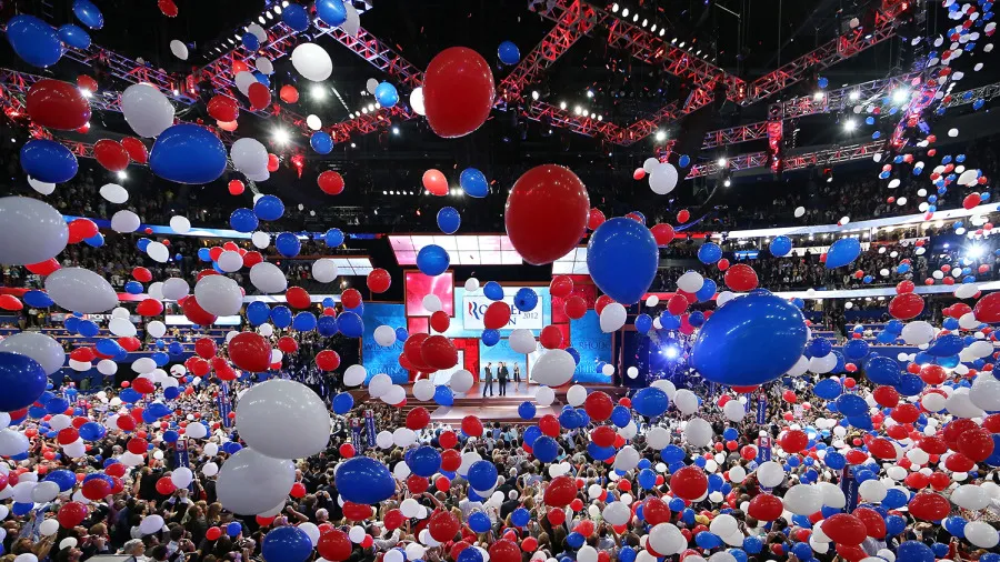 Balloons drop as Republican presidential candidate, former Massachusetts Gov. Mitt Romney and Republican vice presidential candidate, U.S. Rep. Paul Ryan (R-WI) take the stage after accepting the nomination during the final day of the Republican National Convention at the Tampa Bay Times Forum on August 30, 2012 in Tampa, Florida.

