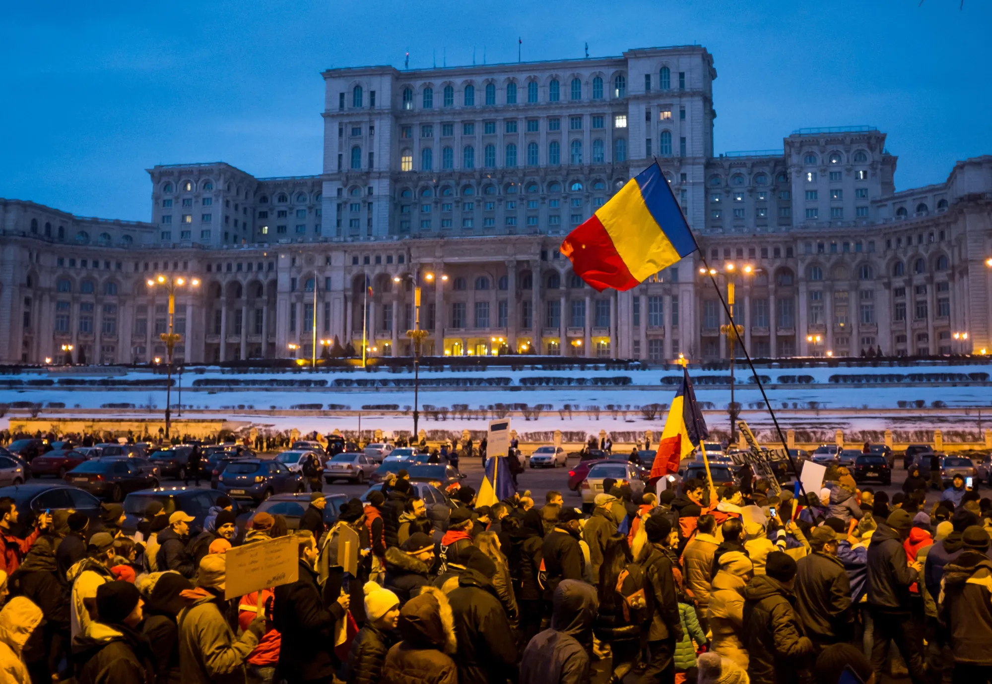 People march in front of the Romanian parliament in 2017.