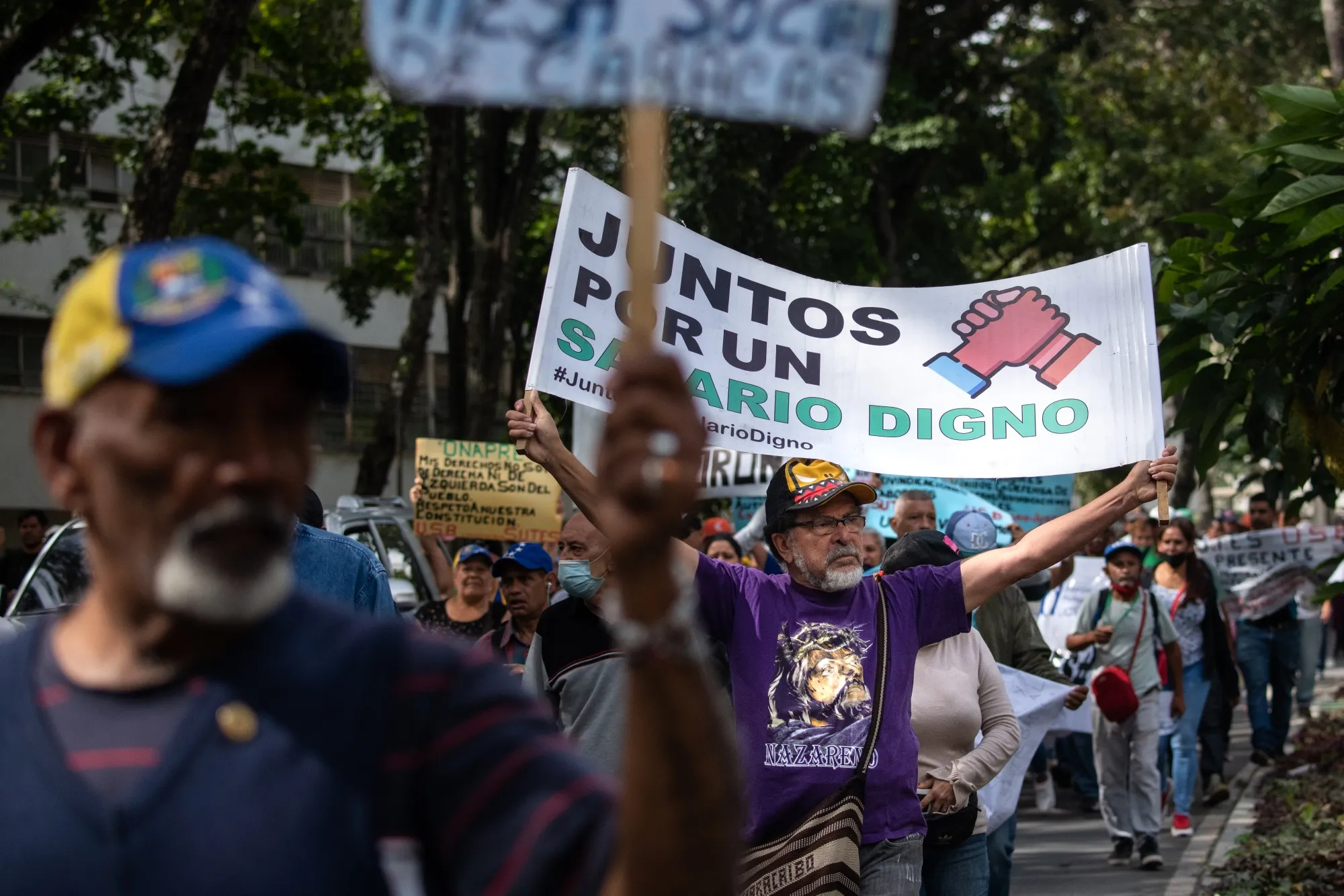 Demonstrators during a protest in support of teachers in Caracas, Venezuela, on Monday, Jan. 23, 2023.