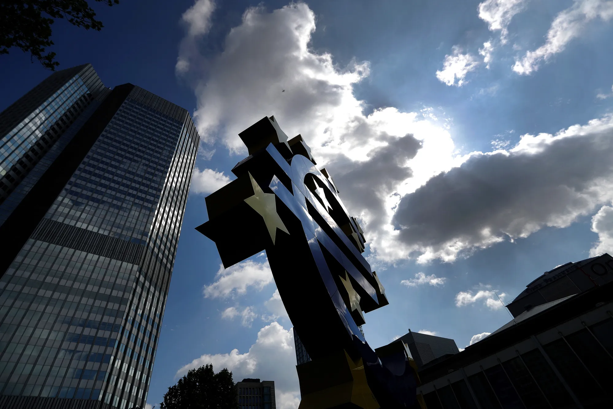 The euro sign sculpture stands near the former European Central Bank headquarters in Frankfurt.