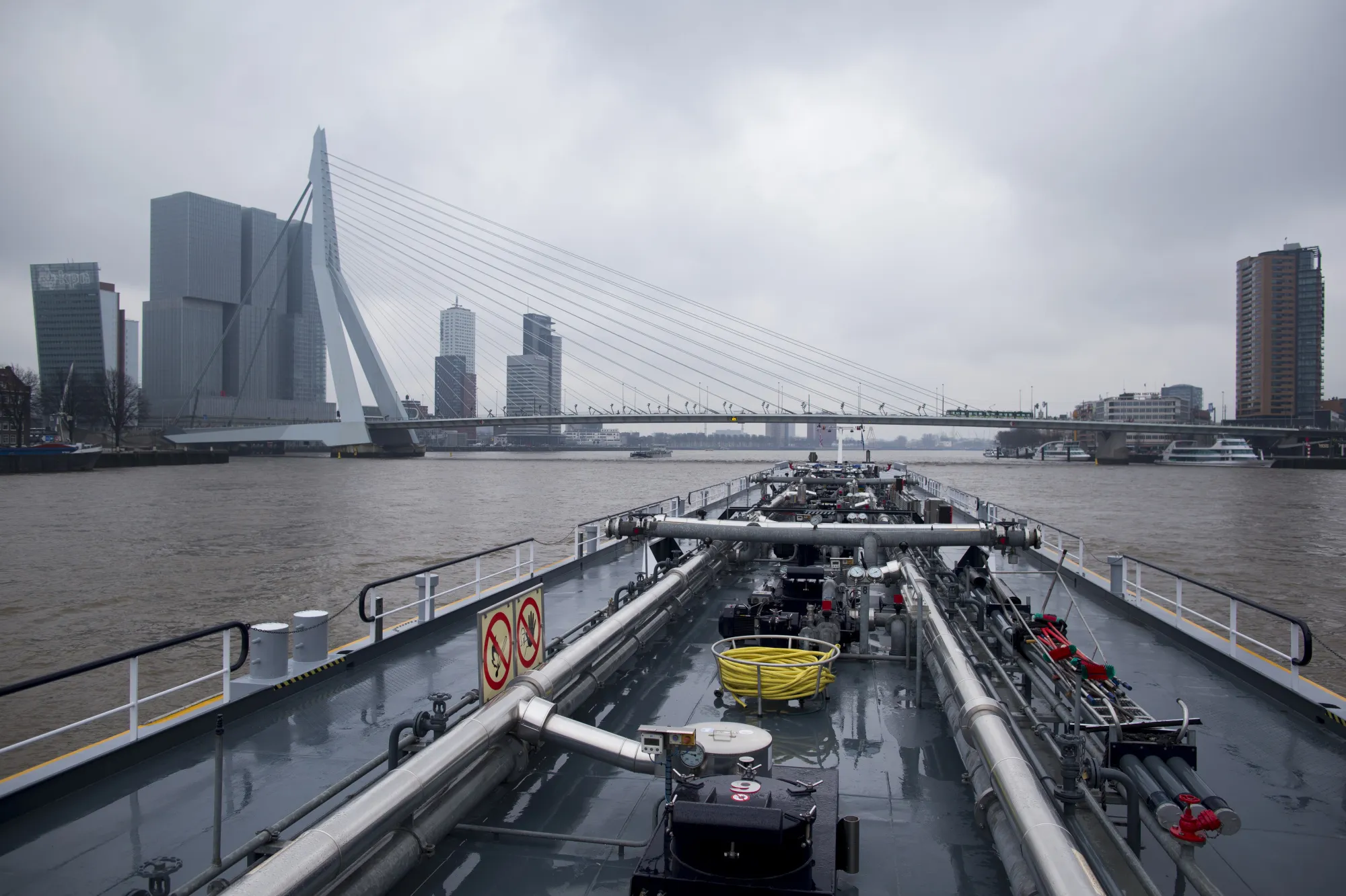 An oil tanker barge in Rotterdam, Netherlands.