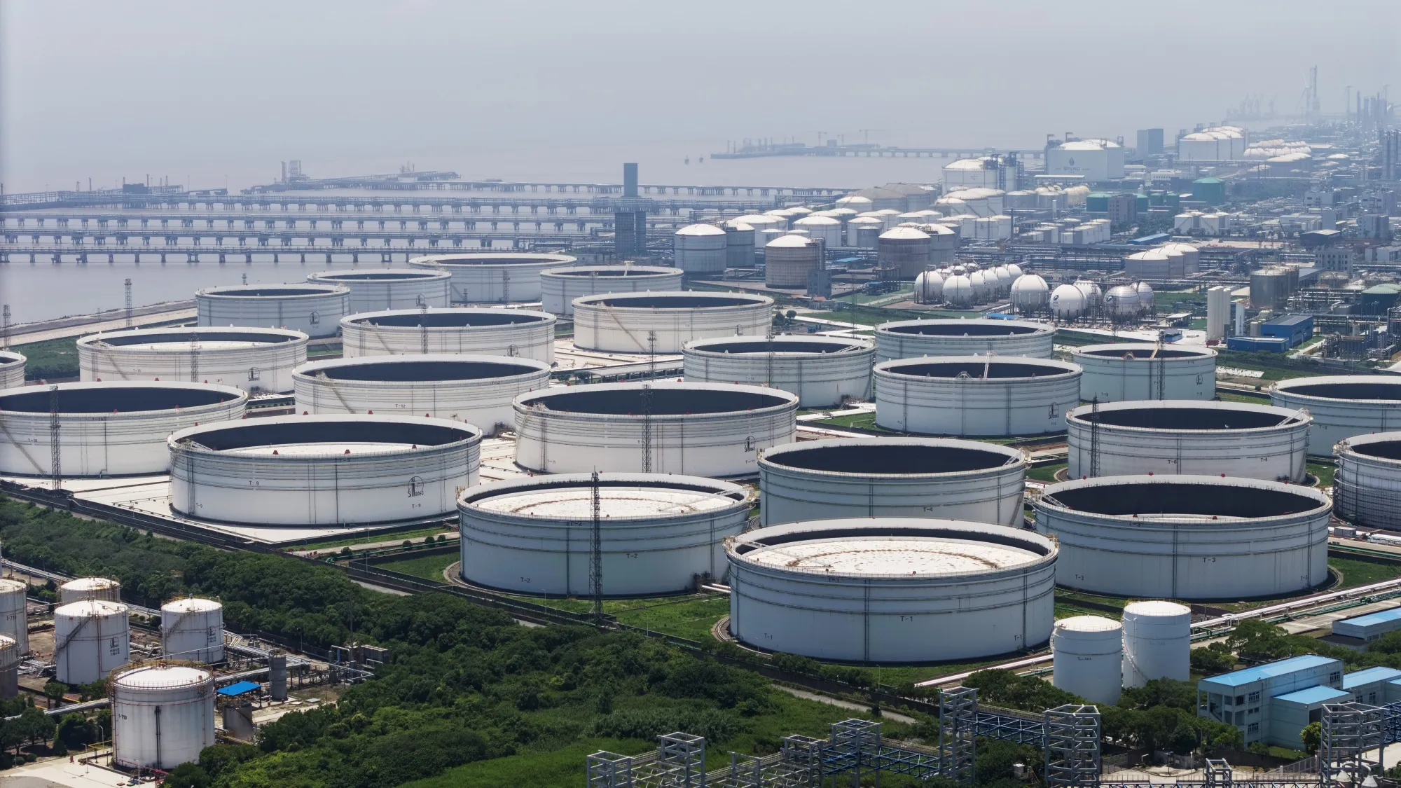 Storage tanks at a petrochemical production base on the outskirts of Shanghai.