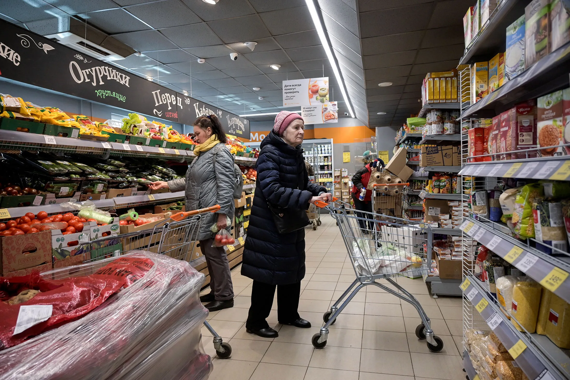 Shoppers at a supermarket in Moscow on April 6.