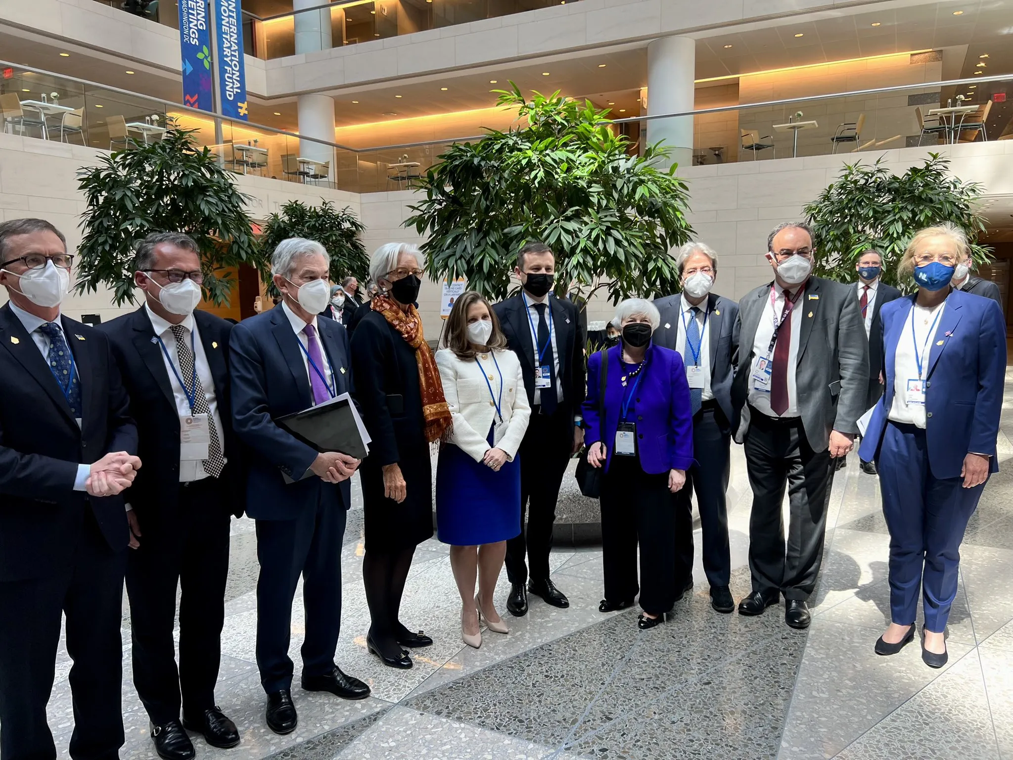Janet Yellen, fourth right, and officials from the EU, UK, Germany, Canada, the Netherlands and Ukraine walked out from a high-level international meeting, to protest Russia’s invasion, in April.