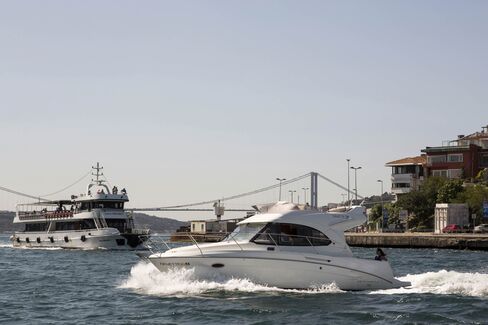 A Beneteau SA motor boat used by UberBoat in Istanbul.