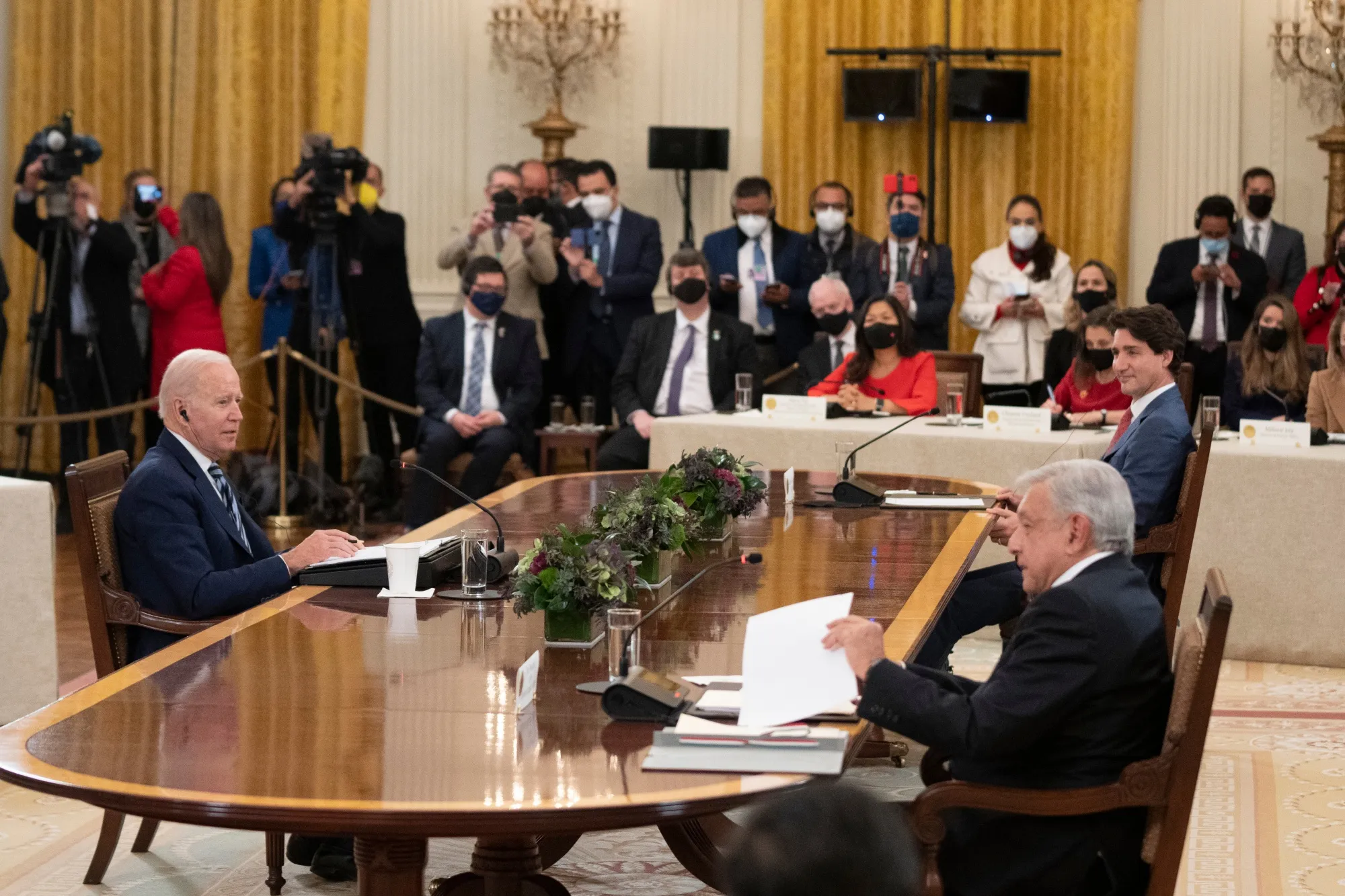 Joe Biden, Andres Manuel Lopez Obrador and Justin Trudeau meet in the East Room of the White House on Thursday.