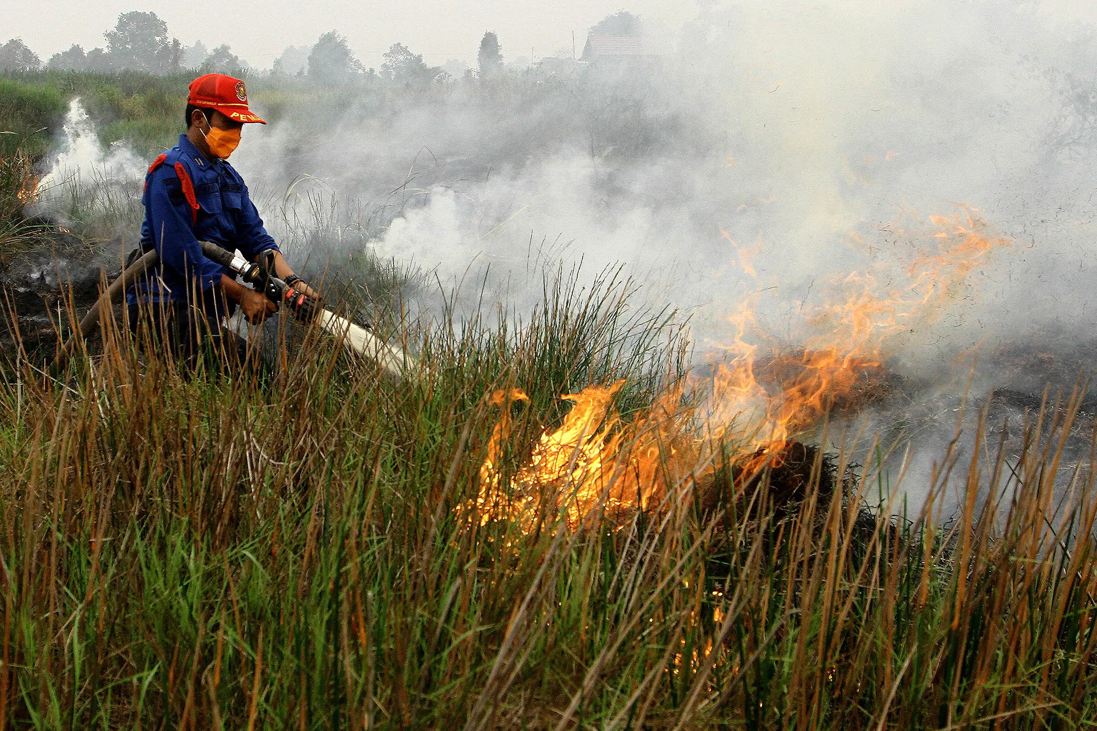 A firefighter puts out a fire in South Sumatra, Indonesia on Oct. 7.
