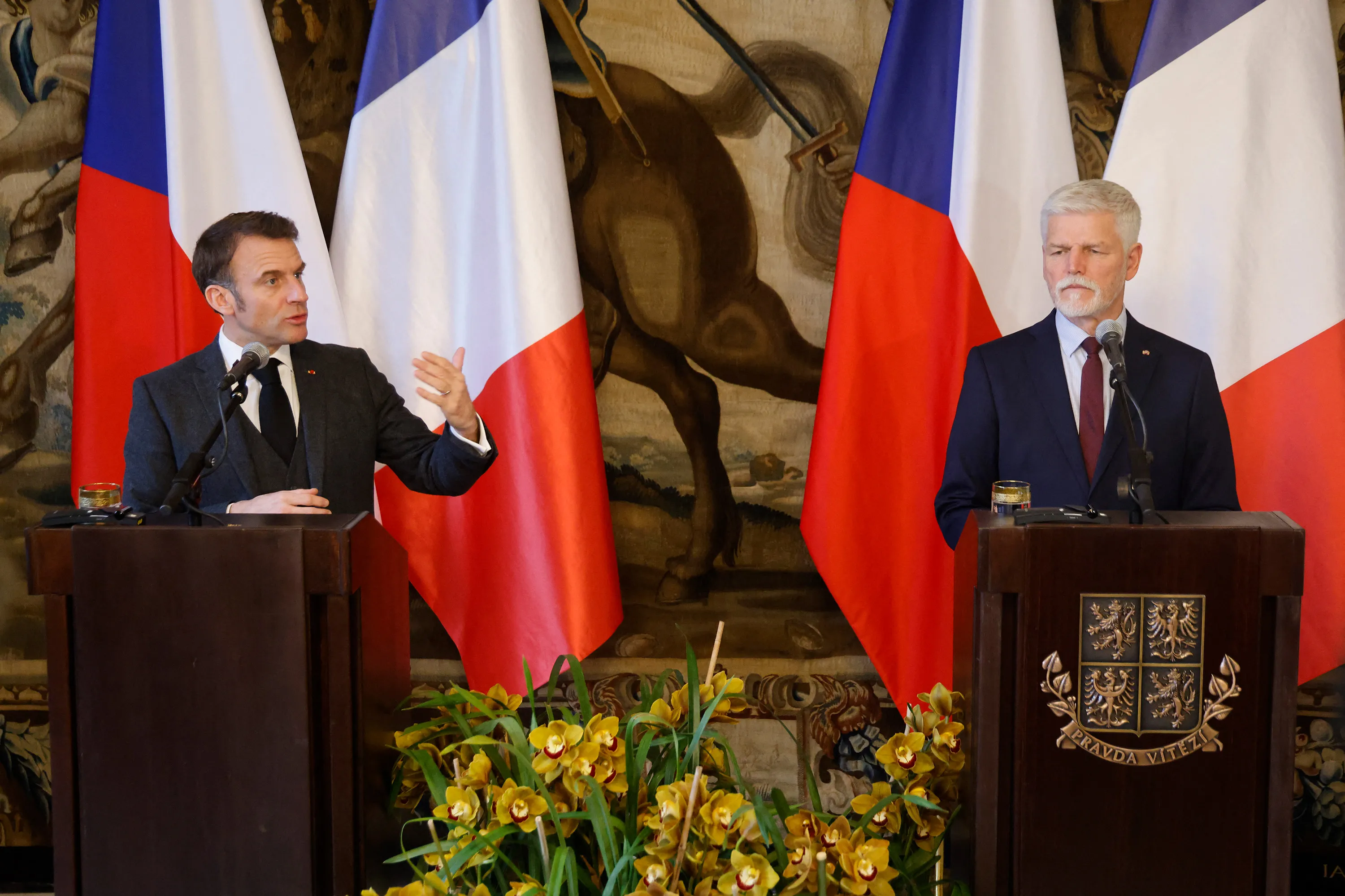 Emmanuel Macron, left, and Petr Pavel at a news conference in Prague, on March 5.