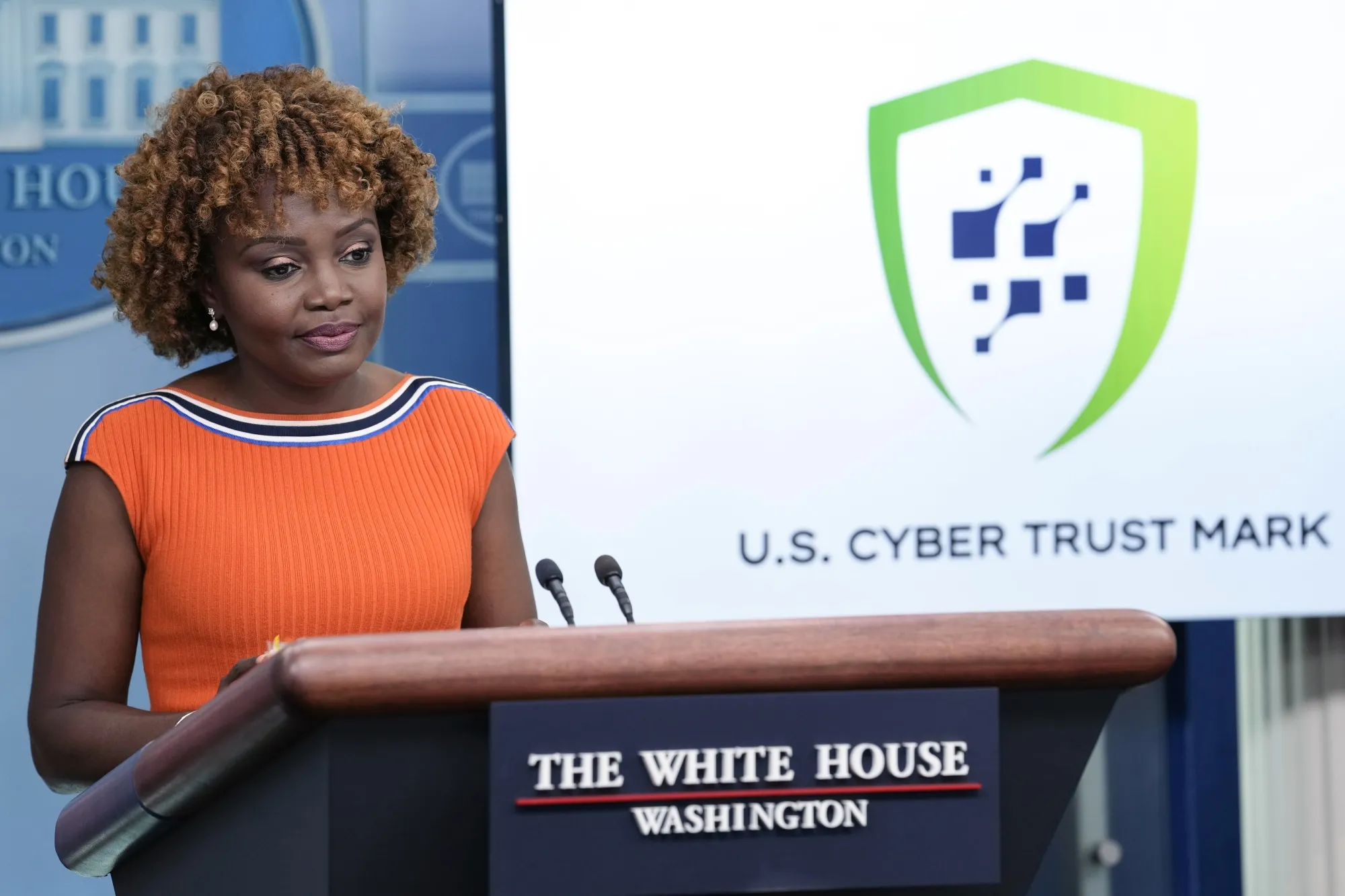 White House Press Secretary Karine Jean-Pierre talks about the cybersecurity certification and labeling program in Washington, DC, in July 2023.