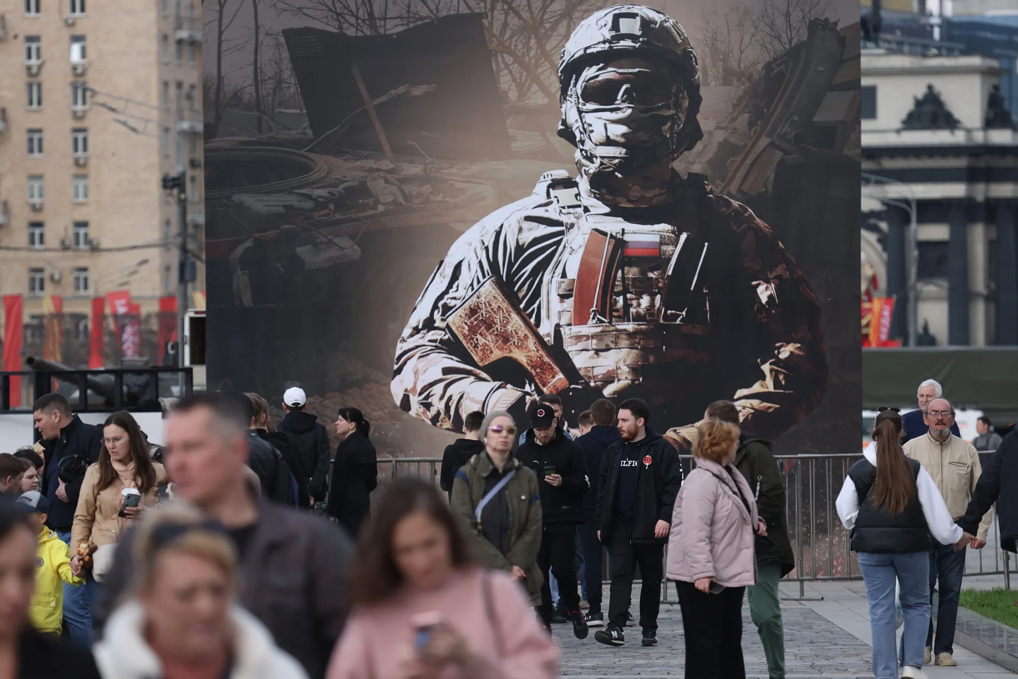 A billboard bearing the image of a Russian soldier at&nbsp;Poklonnaya Hill in Moscow on&nbsp;April 28.&nbsp;