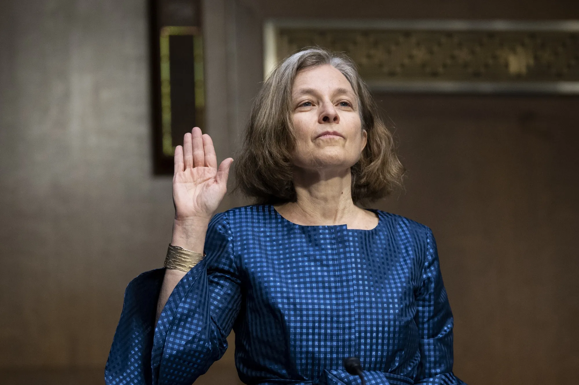 Sarah Bloom Raskin swears into the Senate hearing in Washington, D.C., on Feb. 3.