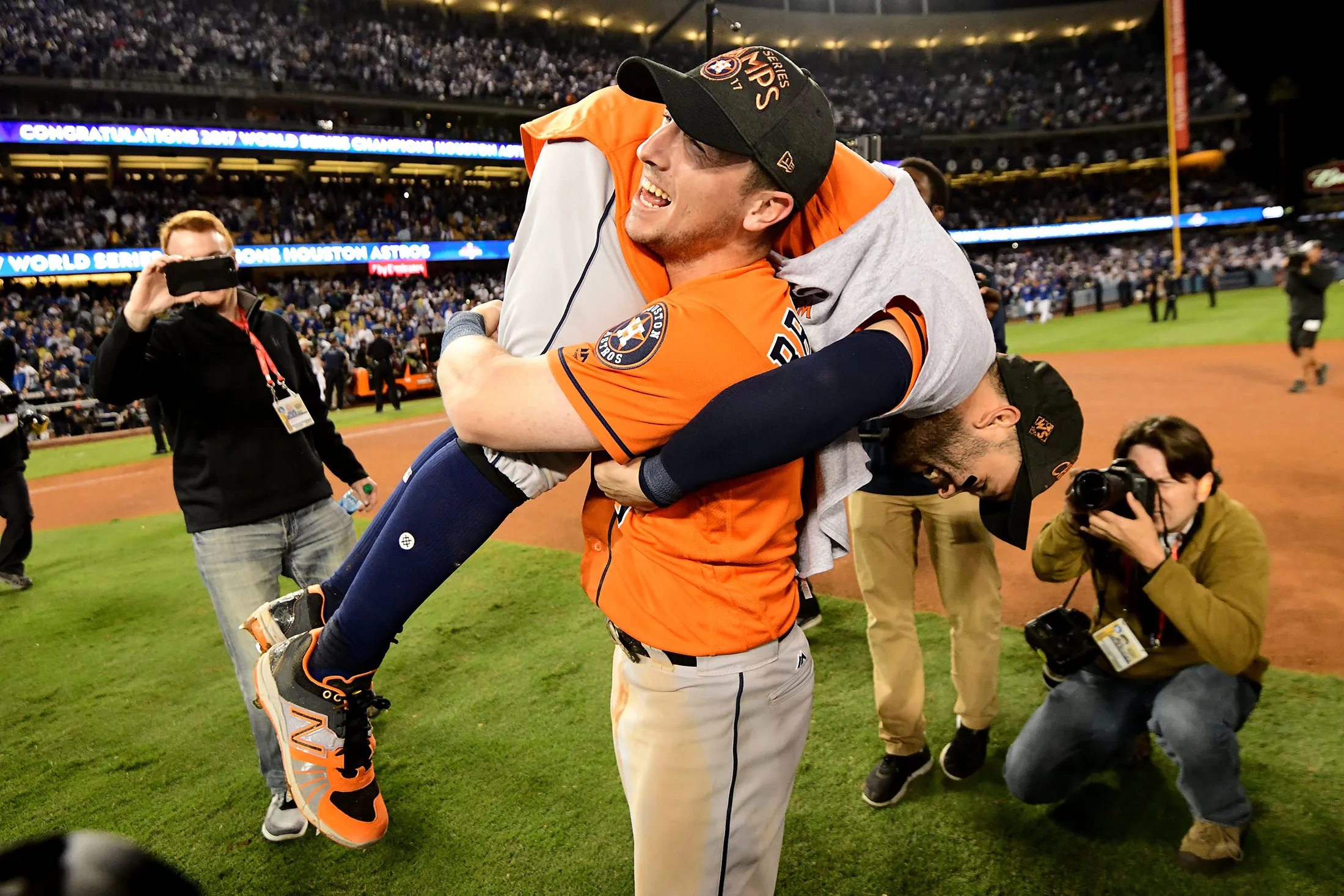 Alex Bregman and Jose Altuve&nbsp;of the Houston Astros celebrate after defeating the Los Angeles Dodgers&nbsp;to win the 2017 World Series at Dodger Stadium on Nov.&nbsp;1.