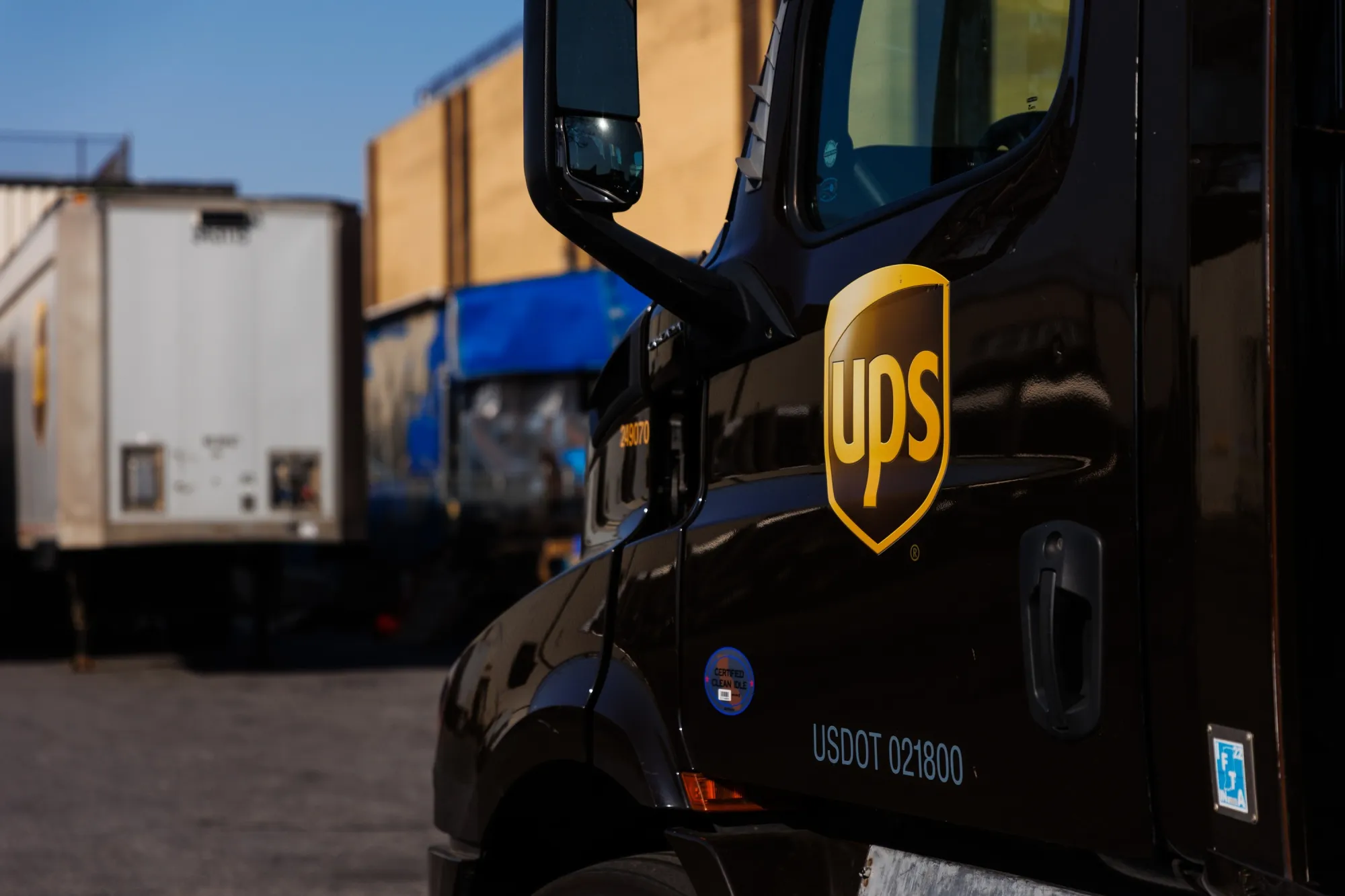 Delivery trucks parked outside a UPS hub in the Brooklyn borough of New York.