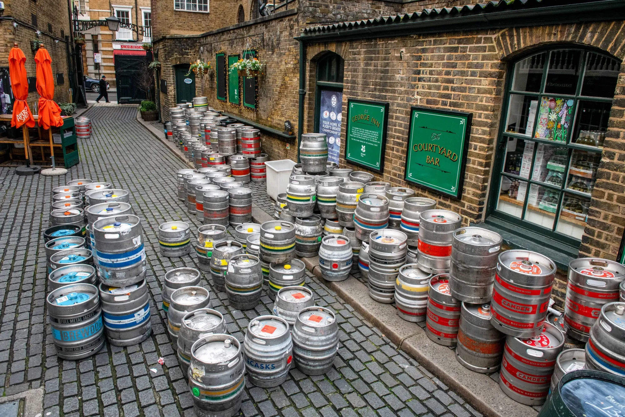 Kegs piled up in the courtyard of the George Inn pub in London.