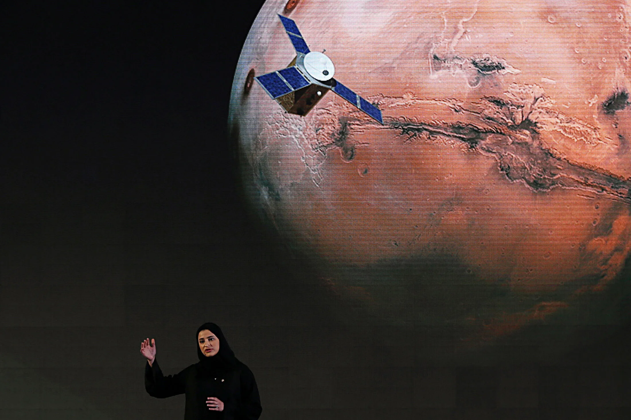 U.A.E. Minister for Advanced Sciences Sarah Al Amiri gives a talk in Dubai in 2015 to discuss planning for the Arab world’s first space probe to Mars.