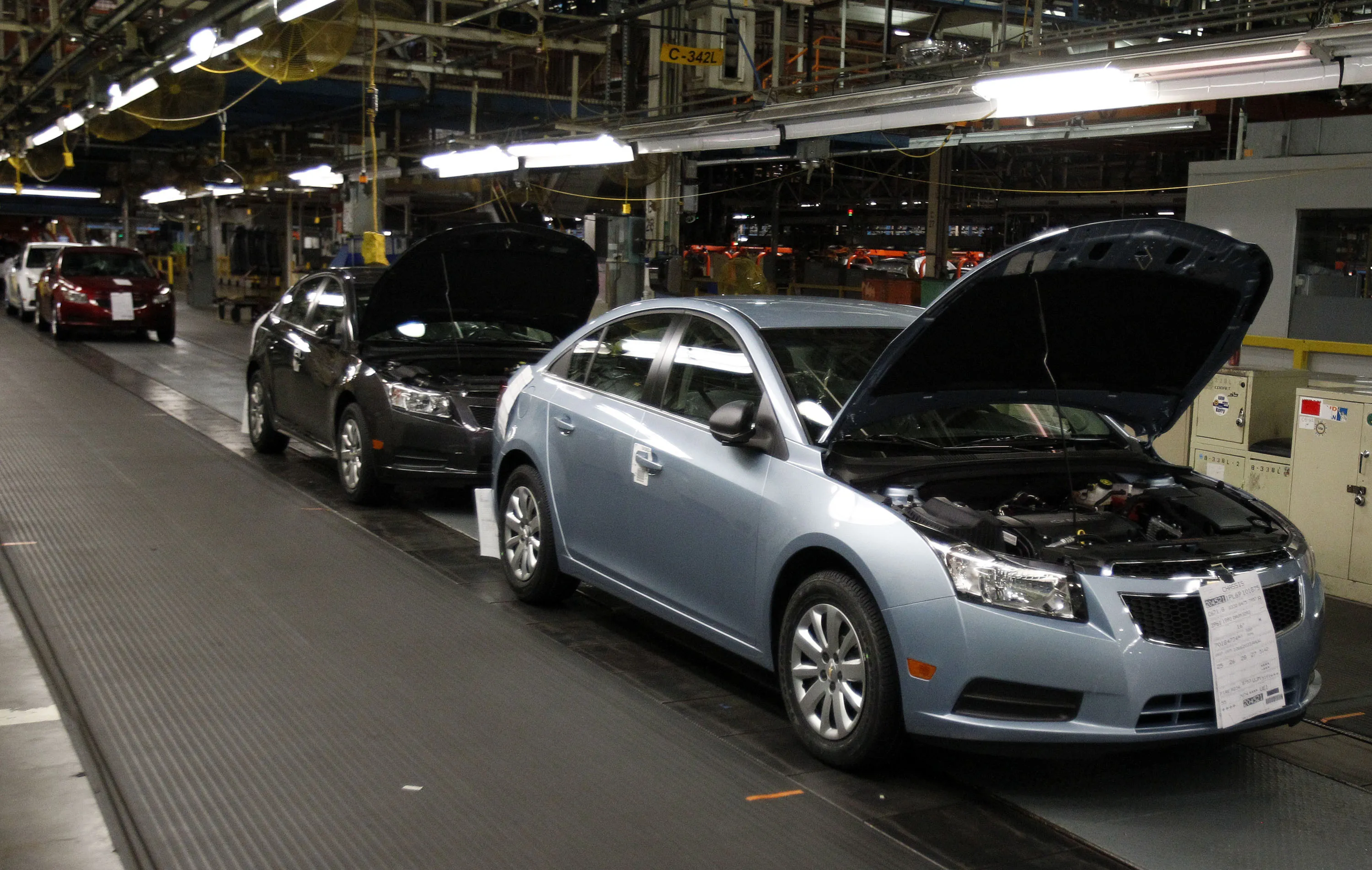 2011 Chevrolet Cruze sedans on the assembly line at GM's assembly plant in Lordstown, Ohio, in 2010.