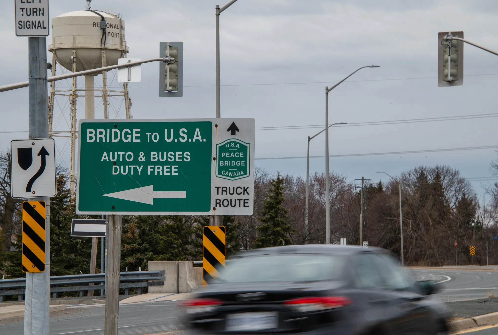 An intersection by the Peace Bridge near the Canada-US border in Fort Erie, Ontario, Canada.