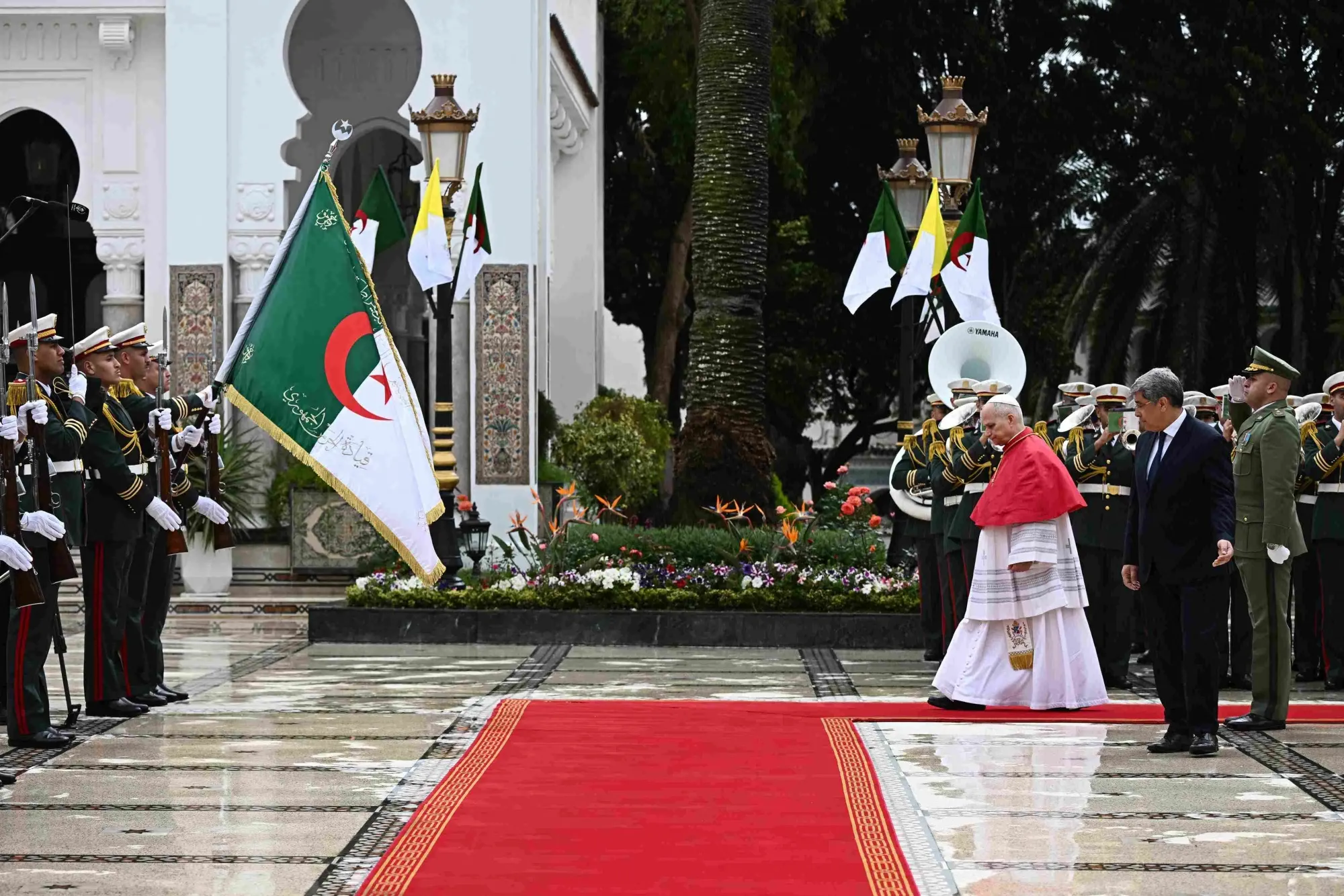 Pope Leo XIV arrives for a meeting with Algeria’s President Abdelmadjid Tebboune at the Presidential Palace in Algiers, on April 13.