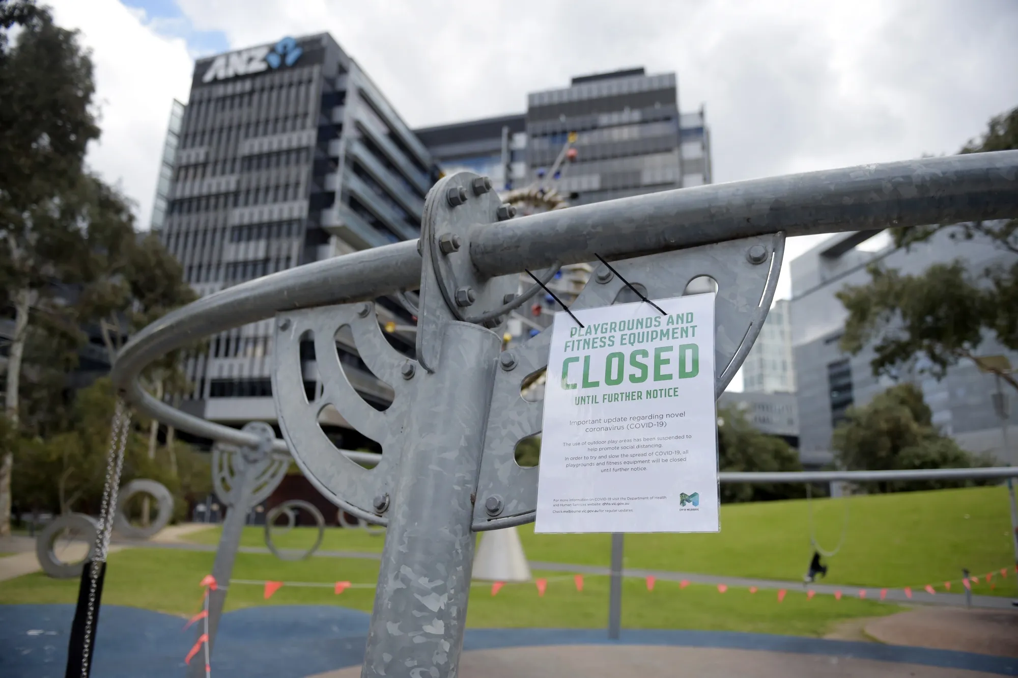 A 'Closed' notice is displayed at a cordoned off playground in the Docklands area of Melbourne, Australia, on July 9.